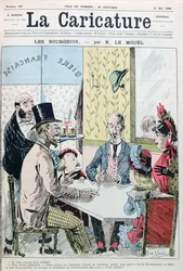 1888年5月12日のLa Caricatureから、経済的な理由で2人の子供しかいなかったと説明するブルジョワ夫妻